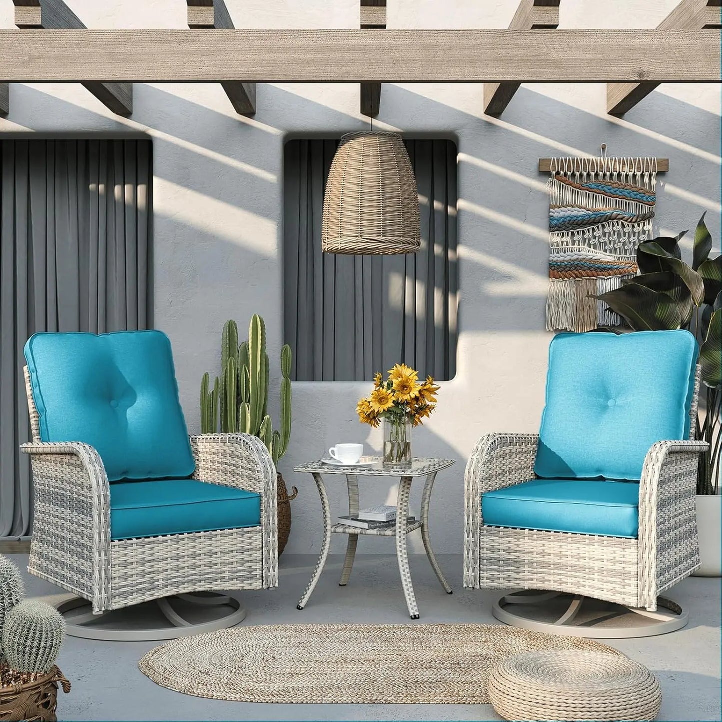 Patio Rocking Swivel Chair Outdoor Wicker Rattan Bistro Set with Tempered Glass Side Table Garden Furniture