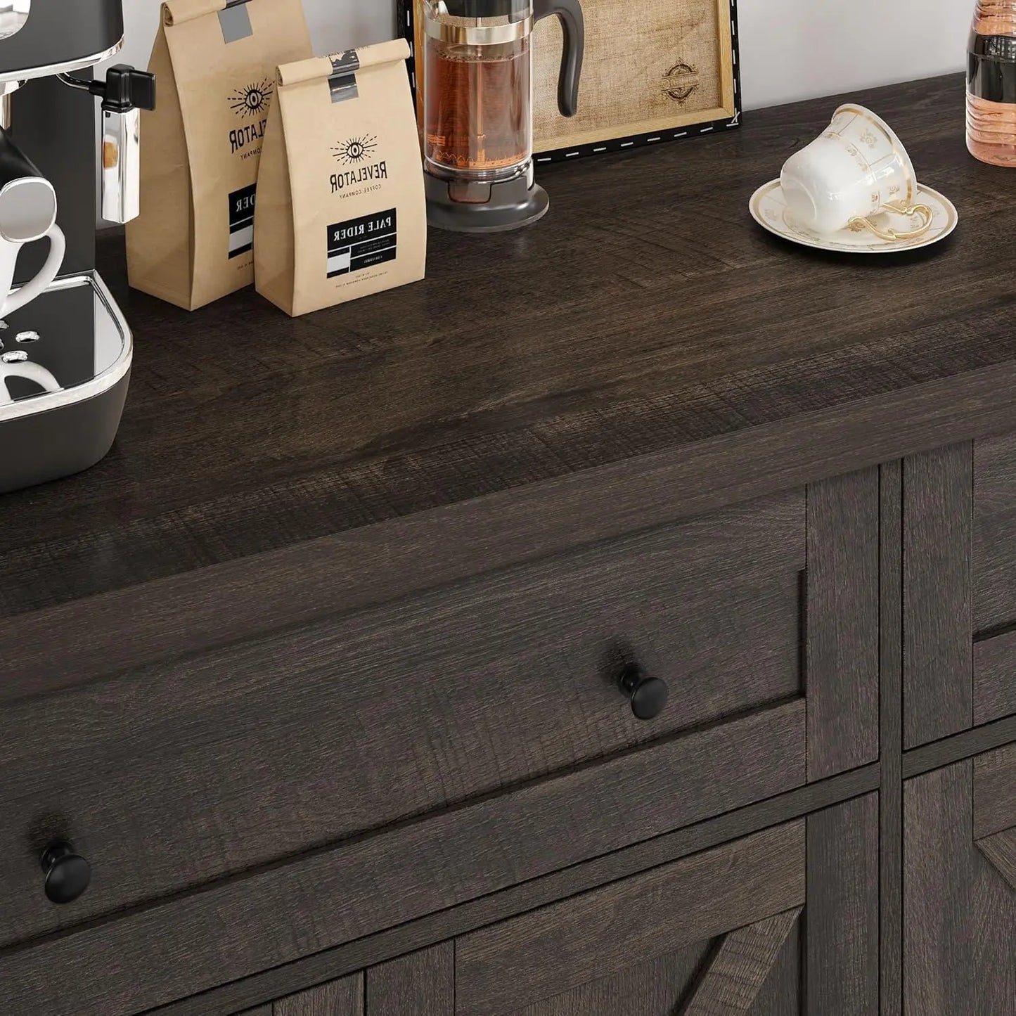 55" Buffet Sideboard Cabinet with Storage, Modern Farmhouse Coffee Bar Cabinet with Drawers and Shelves, Barn Doors Storage
