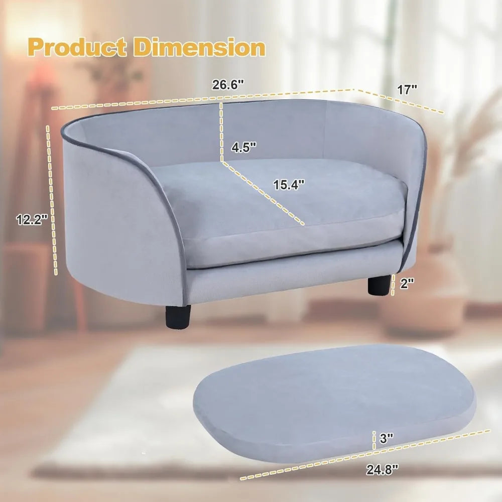 27 Inch Pet Sofa Bed for Small Dogs and Cats with Soft Cushion Removable Cover Anti Slip Pads Gray