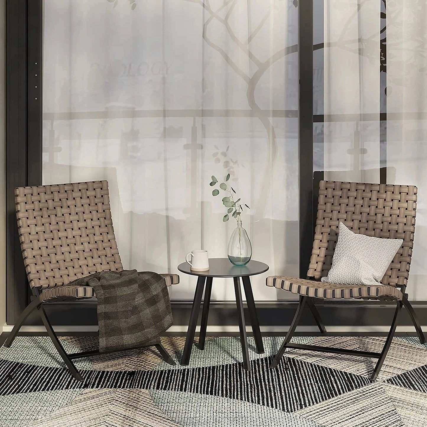 3 Piece Leather Texture Wicker Patio Chairs Foldable Balcony Furniture Set with Outdoor Lounge Seating and Side Table