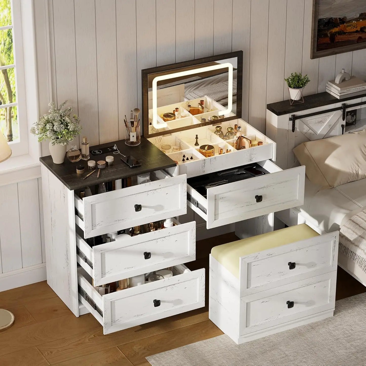 Farmhouse Vanity Desk with Flip Top Mirror and Lights Makeup Vanity Table with Adjustable Cabinets and Hidden Storage