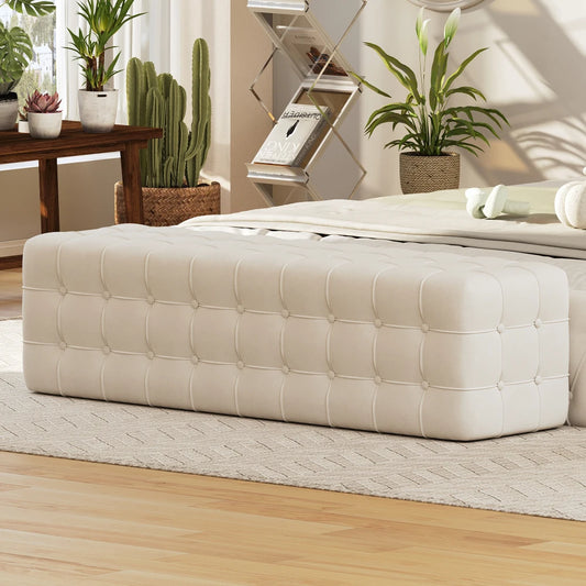 All Covered Velvet Upholstered Ottoman Rectangular Footstool Bedroom Footstool No Assembly Required Elegant Luxurious White