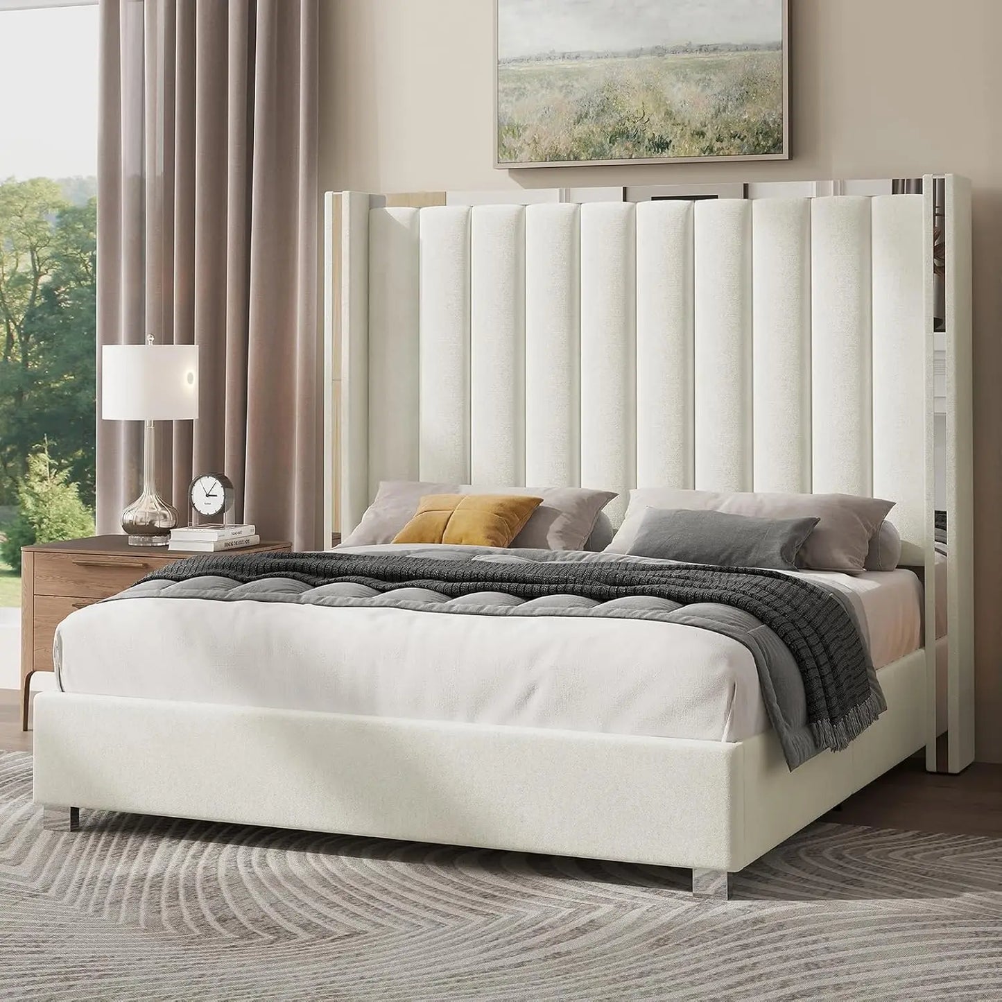 Jocisland Queen Size Bed Frame with 58" Tall Headboard, Velvet Upholstered Platform Bed with Channel Tufted Wingback Headboard