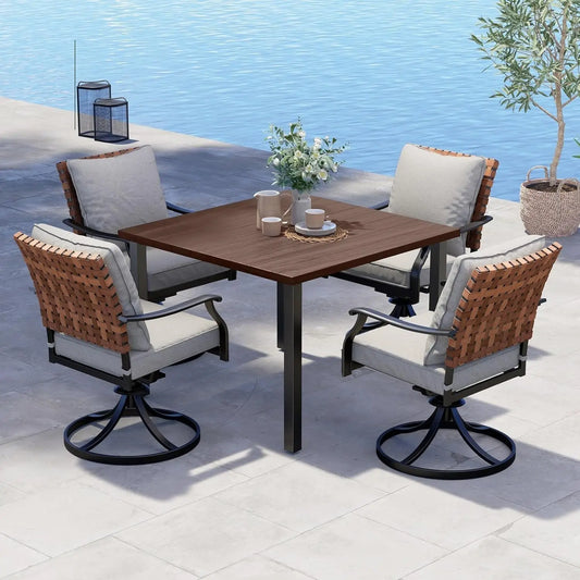 5 Piece Outdoor Dining Set with 4 Leather Look Wicker Swivel Patio Chairs and Square Woodgrain Dining Table