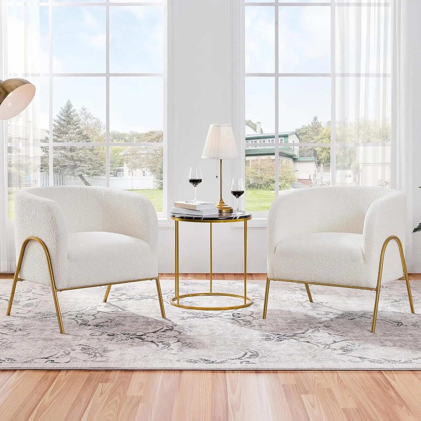 Set of 2 Armchair Set Side Chairs for Living Room Boucle Fabric Vanity Chairs with Gold Legs for Bedroom Office Reading Nook