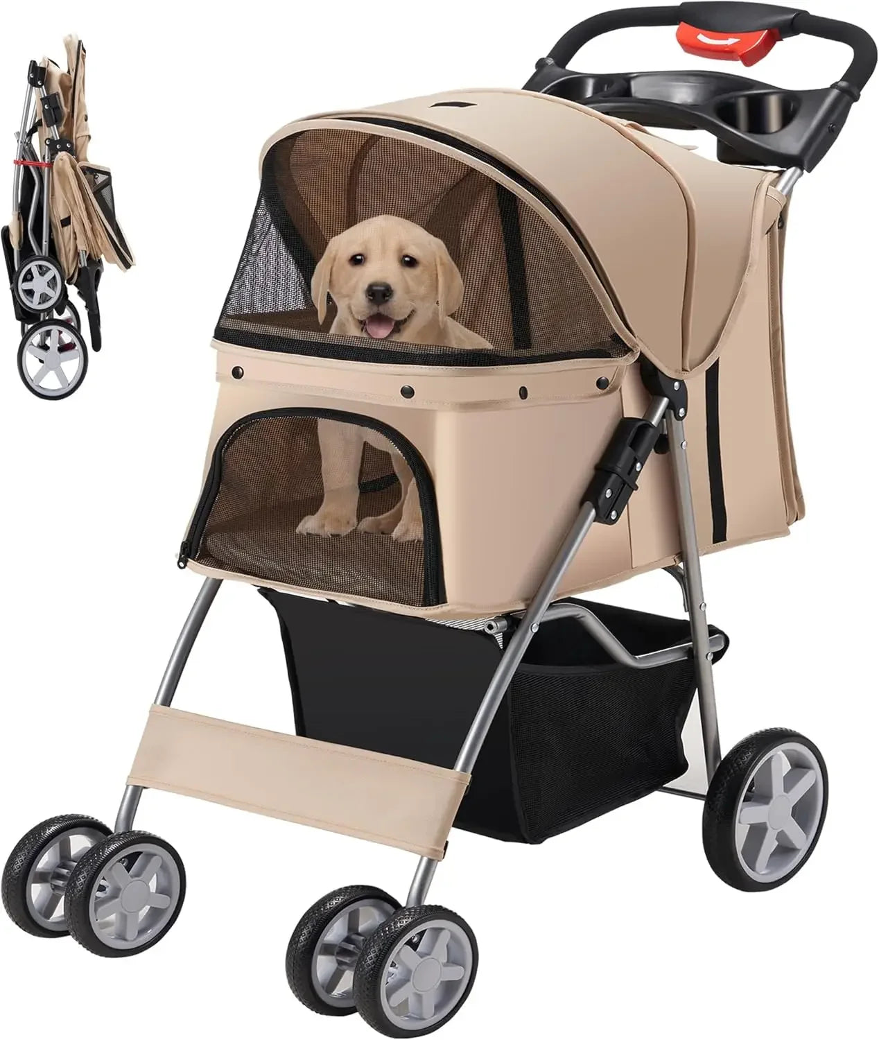 Pet Stroller for Medium and Small Dogs and Cats Four Wheels Folding Cat Jogger with Storage Basket and Breathable Mesh