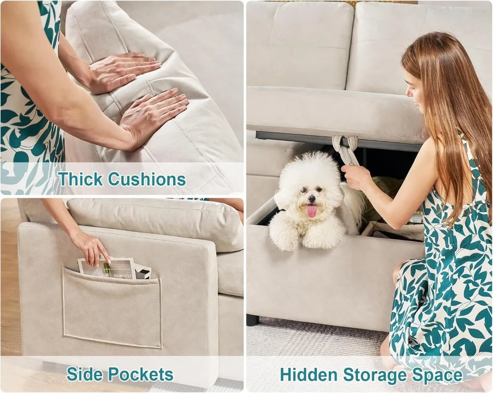Sofa Bed, Sofa Sleeper with Chaise, Pull Out Couch for Living Room, Off-White Leathaire,