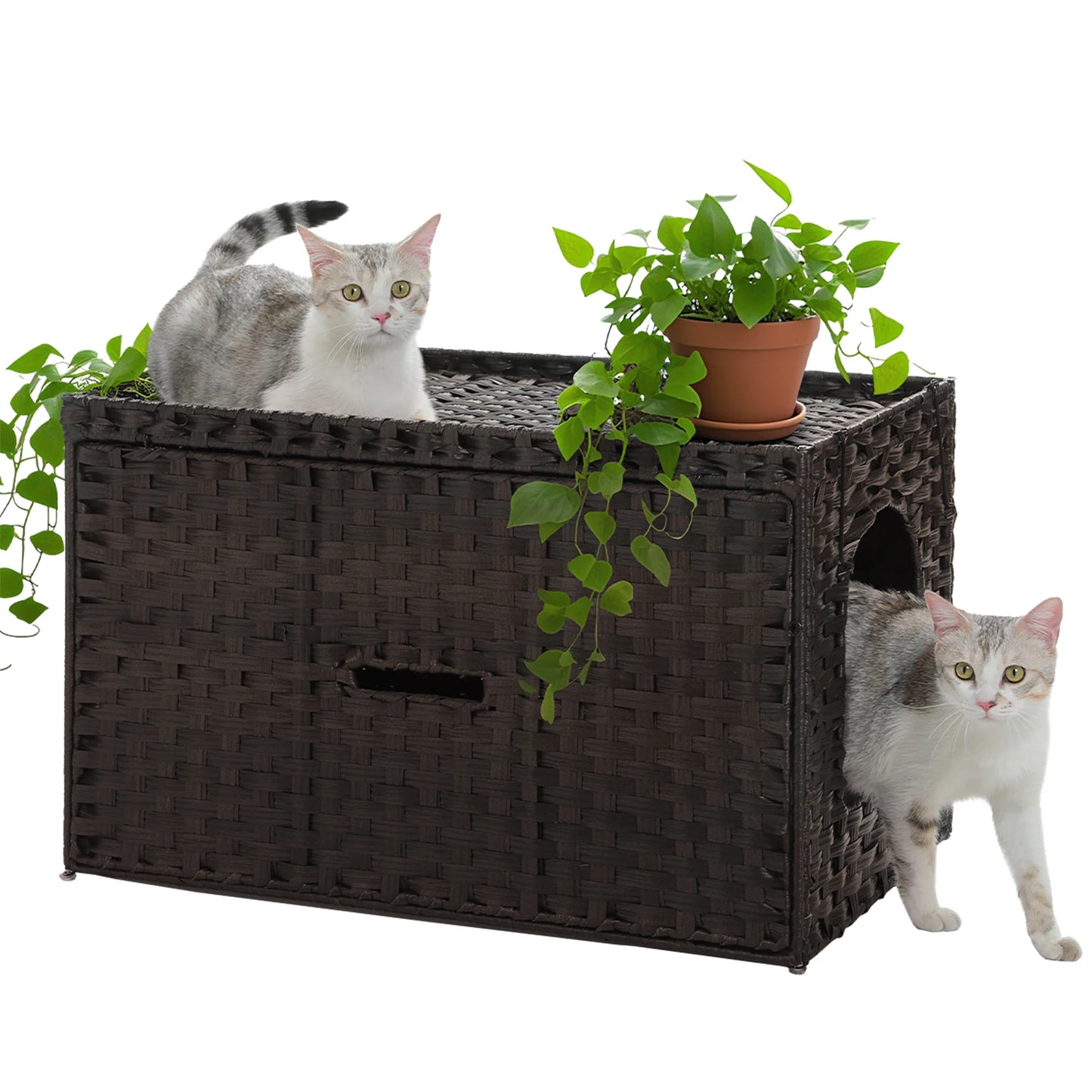 Rattan Cat Litter Box Enclosure Furniture with Door Handwoven Rattan Hidden Litter Box for Living Room Odor Control Cat House Bed