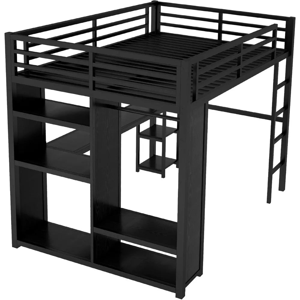 Queen Loft Bed with Desk and Storage Shelves, Queen Loft Bed with Wardrobe, Hanging Rod, Guardrail and Ladder, Balck