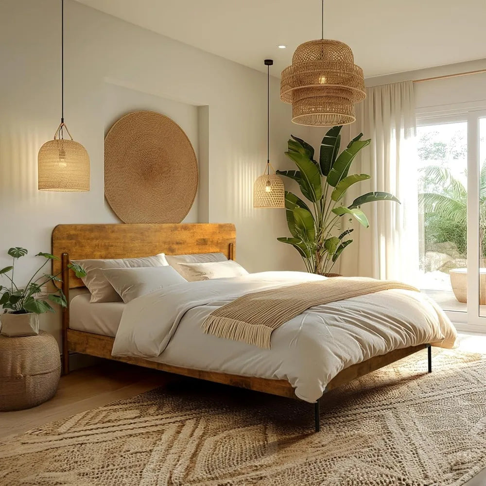 Acacia Frida King Size Bed Frame and Headboard Solid Wood Platform Bed Scandinavian Design 800 Pounds Capacity