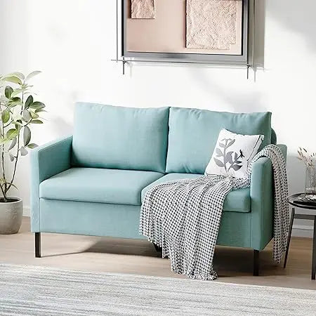 51 Inch W Linen Fabric Upholstered Modern Loveseat Sofa Couch for Living Room Aqua Blue 2 Seater Furniture with Iron Legs