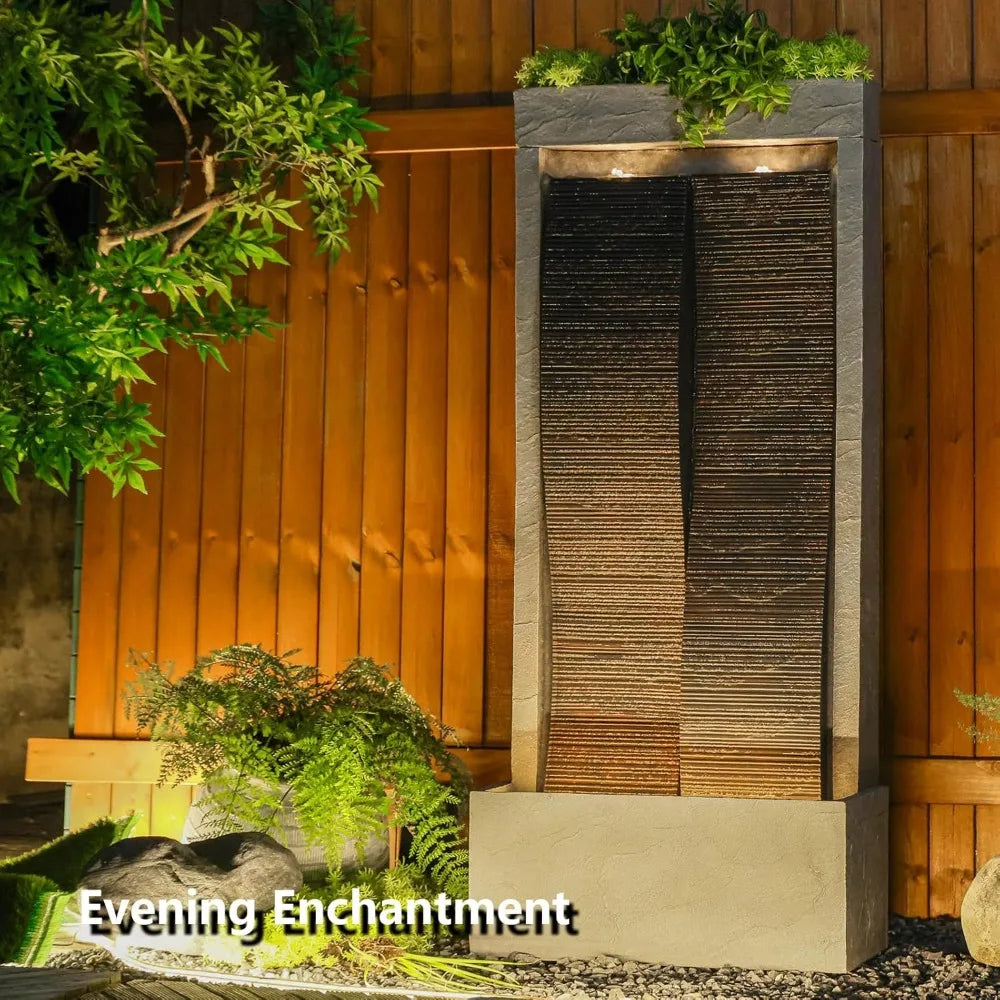 59 Inch Large Modern Curved Fountain With LED Lights For Gardens Courtyards And Floor Standing Waterfall Fountains