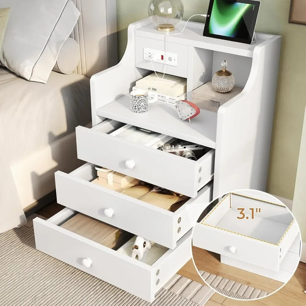 Nightstand with Charging Station and 3 Storage Drawers Modern Bedside Table with Hutch