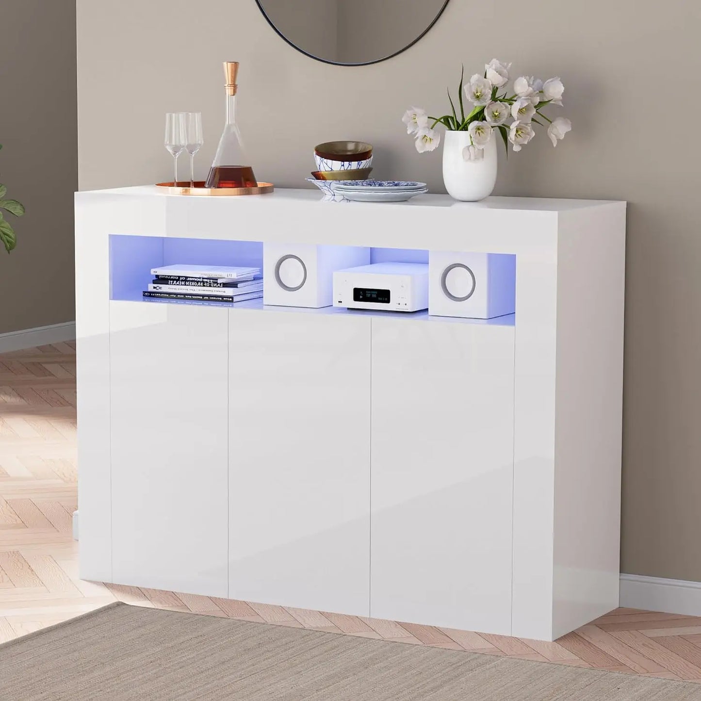 Modern White Buffet Cabinet with LED Lights High Gloss Sideboard Storage Cabinet with 3 Doors and Adjustable Shelf