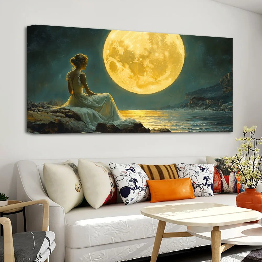 1.5 Inch Thick Pine Solid Wood Frame With Waterfall And Moon Mosaics Melancholic Murals Of Victorian Girls Interior Decor