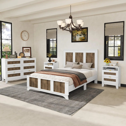 Full Size Farmhouse Bedroom Set with Wooden Strip Decor and Metal Handles