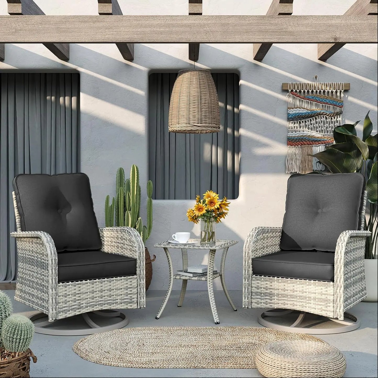 Patio Rocking Swivel Chair Outdoor Wicker Rattan Bistro Set with Tempered Glass Side Table Garden Furniture
