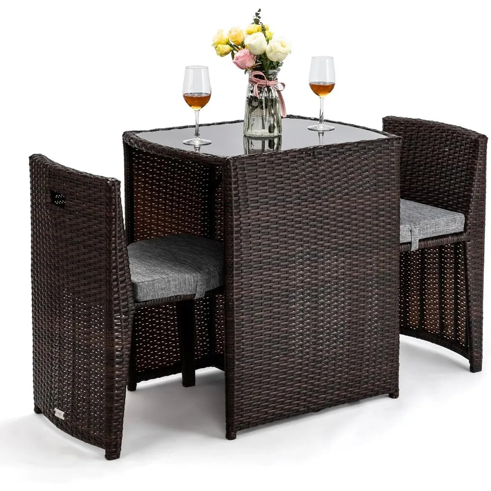 3 Piece Wicker Outdoor Patio Bistro Set with Glass Top Table and Dining Chairs for Small Spaces
