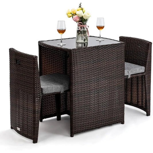 3 Piece Wicker Outdoor Patio Bistro Set with Glass Top Table and Dining Chairs for Small Spaces