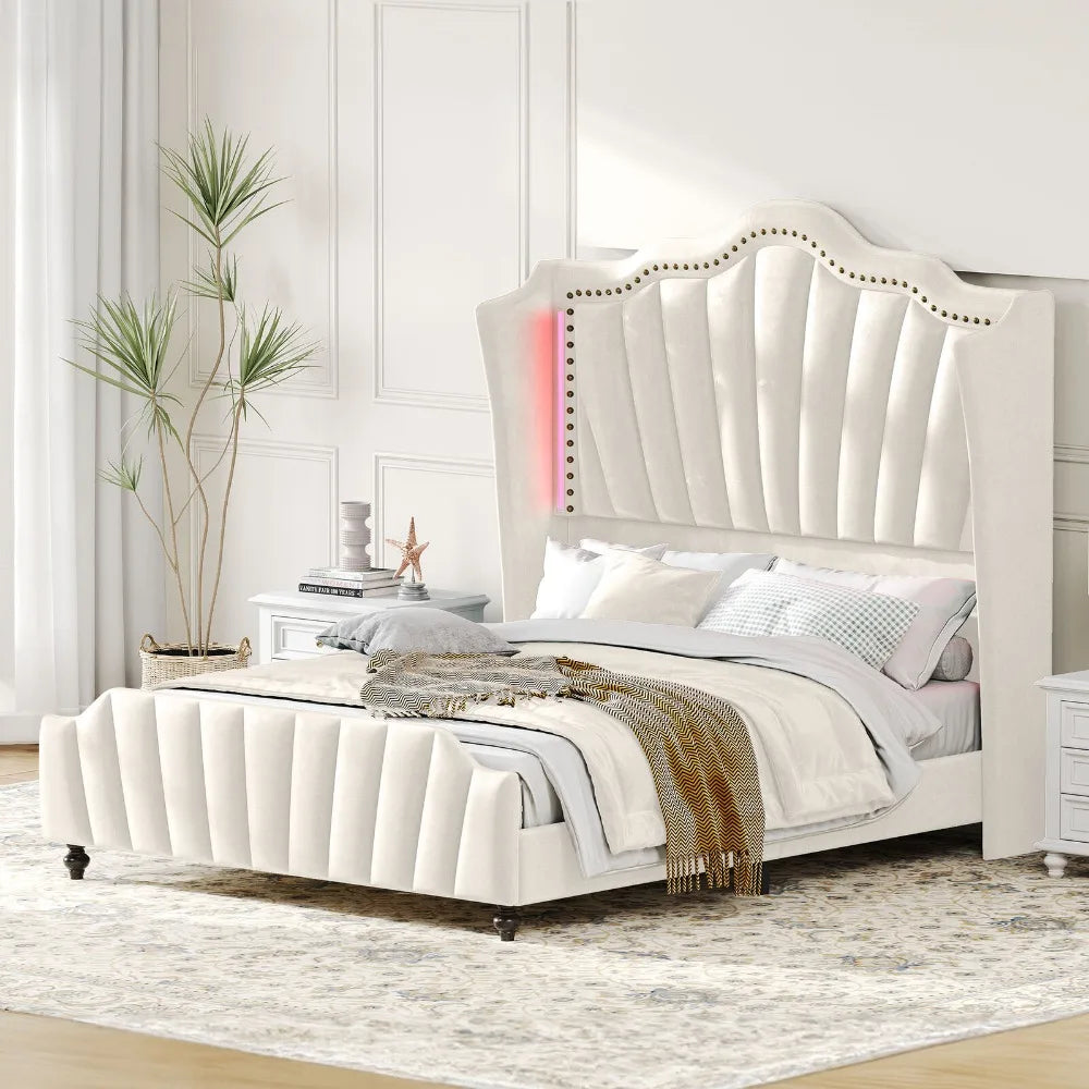 Queen/King Size Velvet Headboard Bed Frame,Stylish Design Elements