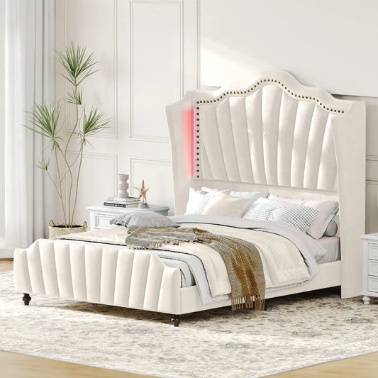 Queen/King Size Velvet Headboard Bed Frame,Stylish Design Elements