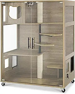 Wooden Cat House with Scratching Posts Luxury Large Cat Condo with Lockable Wheels Indoor Kitten Cage with Escape Door