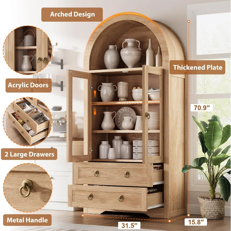 Kitchen Pantry Cabinet Arched Bookshelf Bookcase with Spacious Storage and Drawers