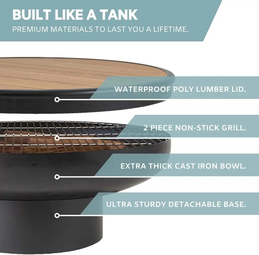 32 Inch Cast Iron Round Fire Pit Table with Fire Pit Grill Heavy Duty Fire Bowl Deep Outdoor Firepit Wood Burning BBQ Pit for Patio and Backyard