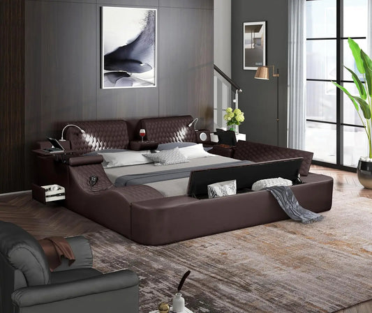 Queen Size Smart Bed Multifunctional Leather Bed Frame with Massage Recliner Upholstered Headboard Modern Luxury Bed Frame
