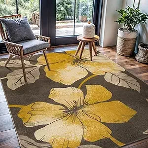 Solana Modern Floral Area Rug 6 Feet 7 Inches by 9 Feet Non Skid Rubber Backing Black Gray Flowers Indoor Rug