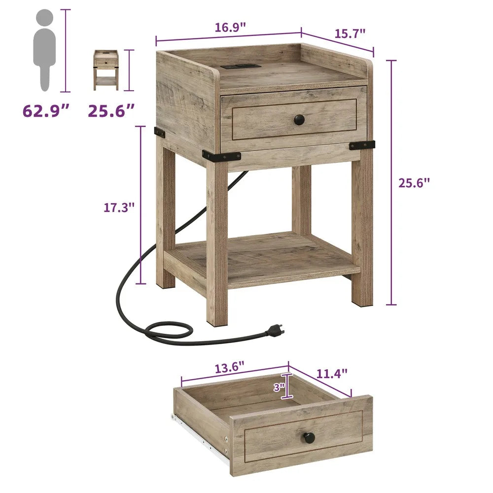 Farmhouse End Table Nightstand with Storage Shelf and Charging Station