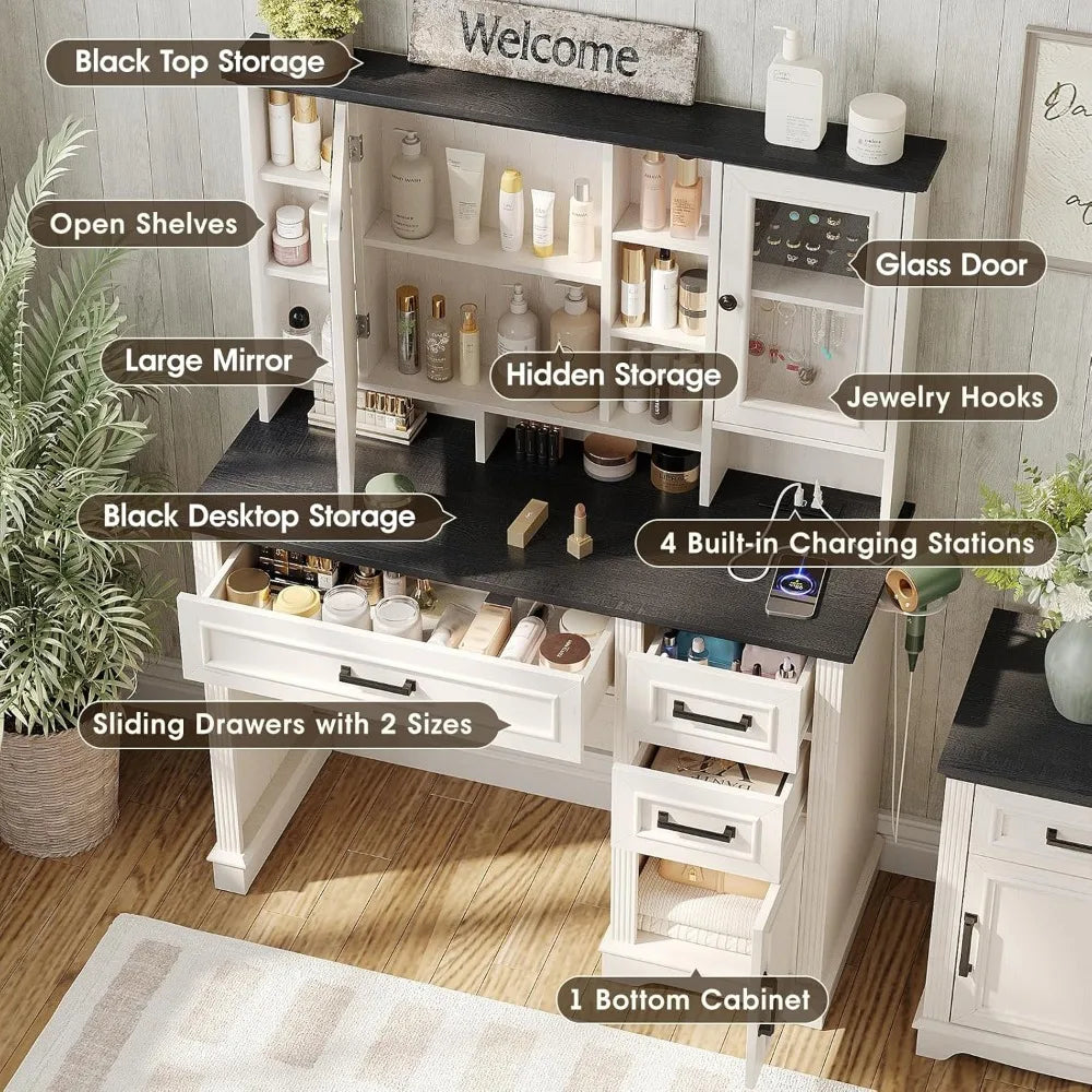 Vanity Desk with Mirror and Lights Makeup Vanity with 3 Drawers and Power Outlets Modern Farmhouse Style