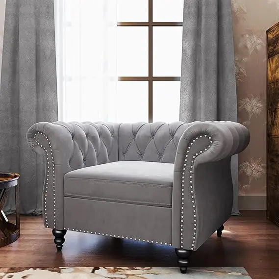Accent Chair, Chesterfield Chair Modern Velvet Upholstered Chairs with Tufted Back for Living Room Furniture (White)
