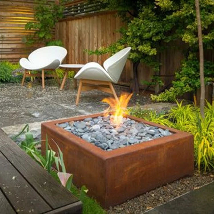 Corten Steel Gas Fire Pit Outdoor Fire Pits Propane Burning Fireplace Mini Round Design