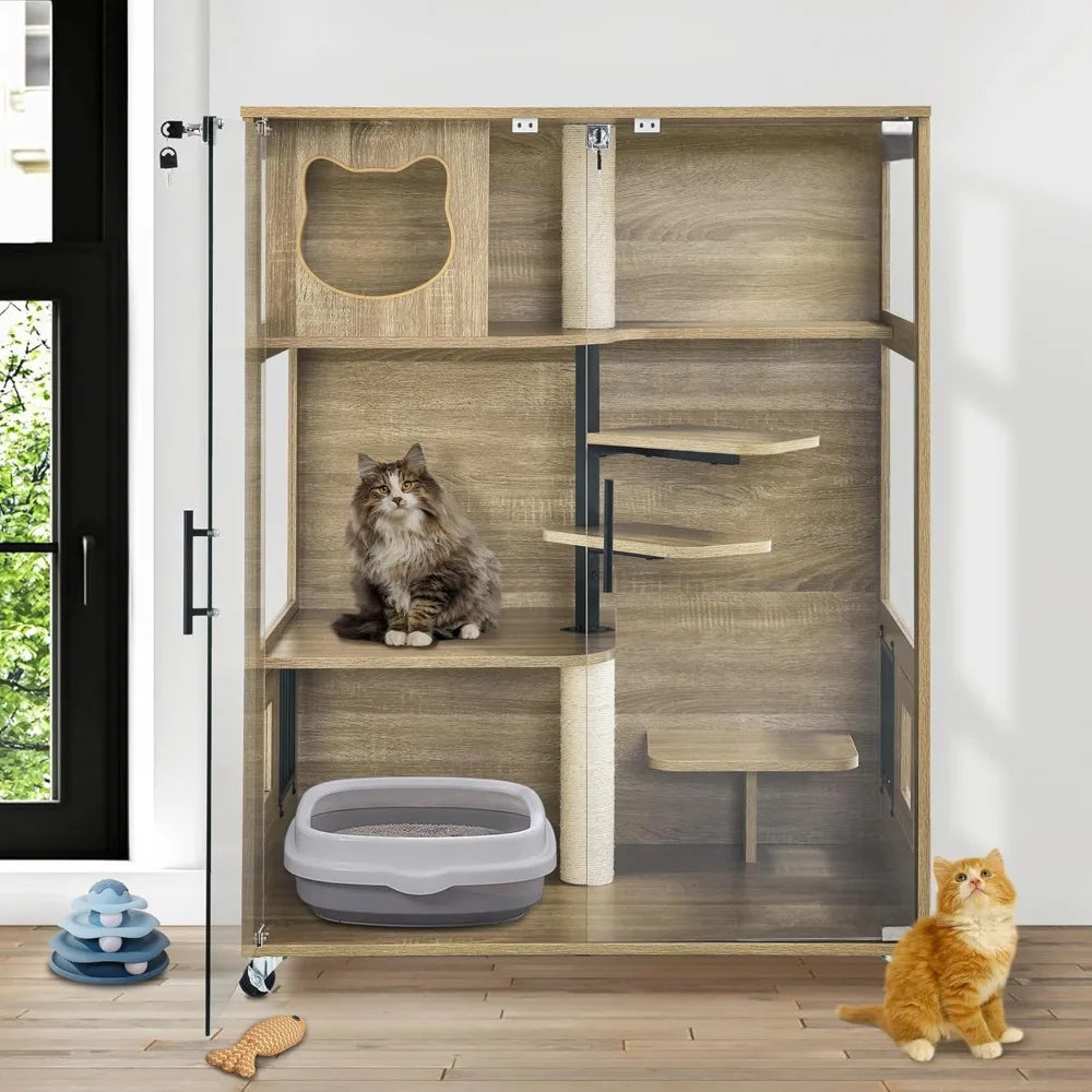 Wooden Cat House with Scratching Posts Luxury Large Cat Condo with Lockable Wheels Indoor Kitten Cage with Escape Door