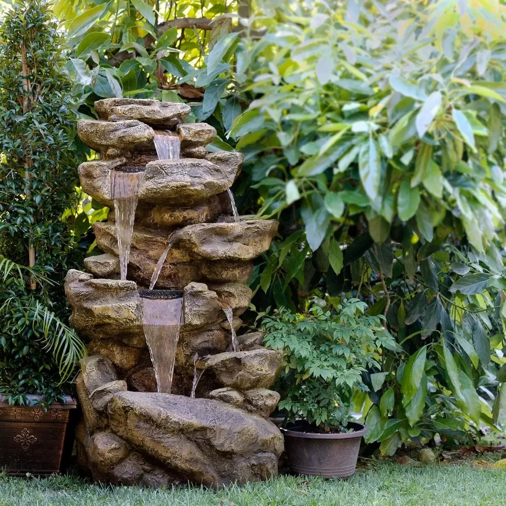 51 Inch Outdoor Six Story Fountain with LED Lights and Natural Stone Appearance for Gardens and Rock Waterfall Fountains