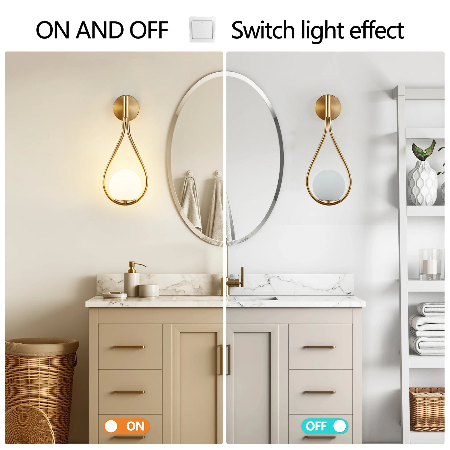 Modern golden wall lamp, white frosted glass ball, medieval design, 2 luxurious wall lamps (no bulbs)