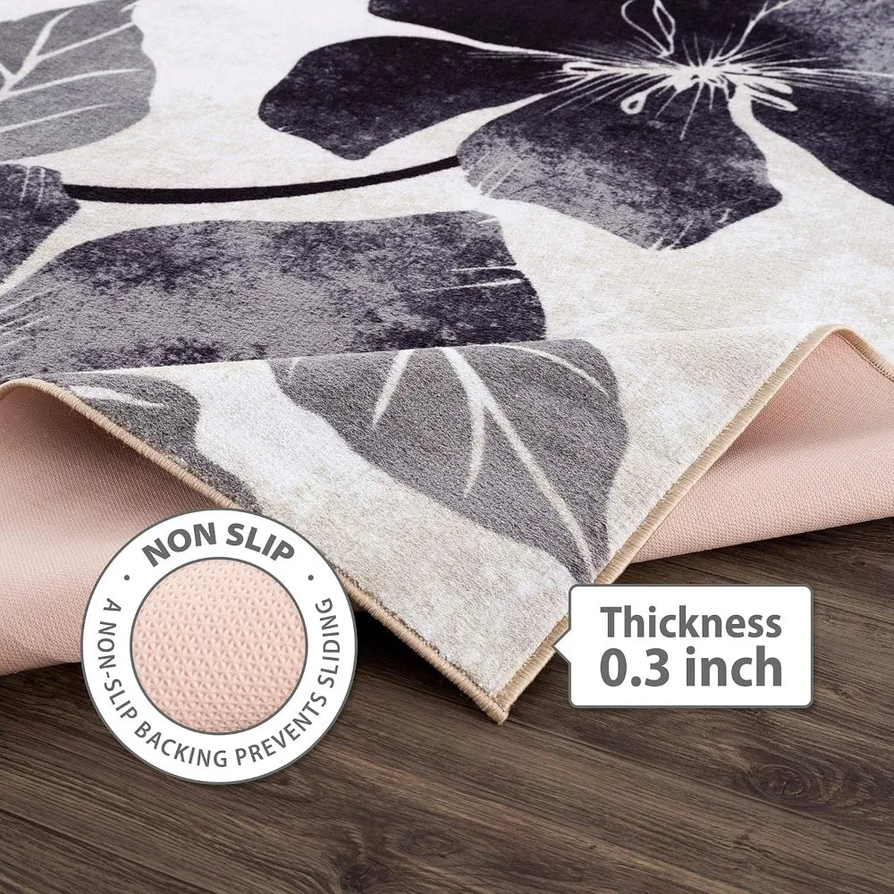 Solana Modern Floral Area Rug 6 Feet 7 Inches by 9 Feet Non Skid Rubber Backing Black Gray Flowers Indoor Rug