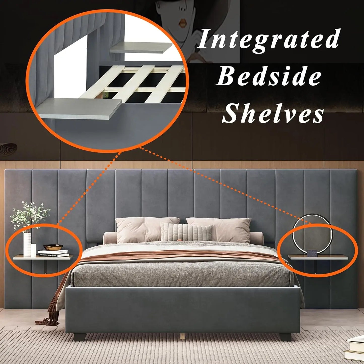 Luxury Upholstered Bed Frame with Tall Headboard and Integrated Bedside Shelves Queen Size Modern Design