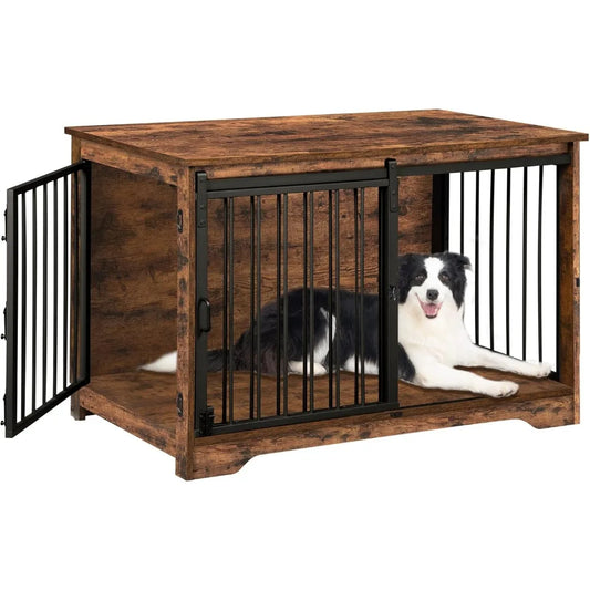 39.3 Inch Heavy Duty Dog Crate Furniture with Barn Door Wood Indoor Dog Crate Kennel for Small Medium Large Dogs End Side Table