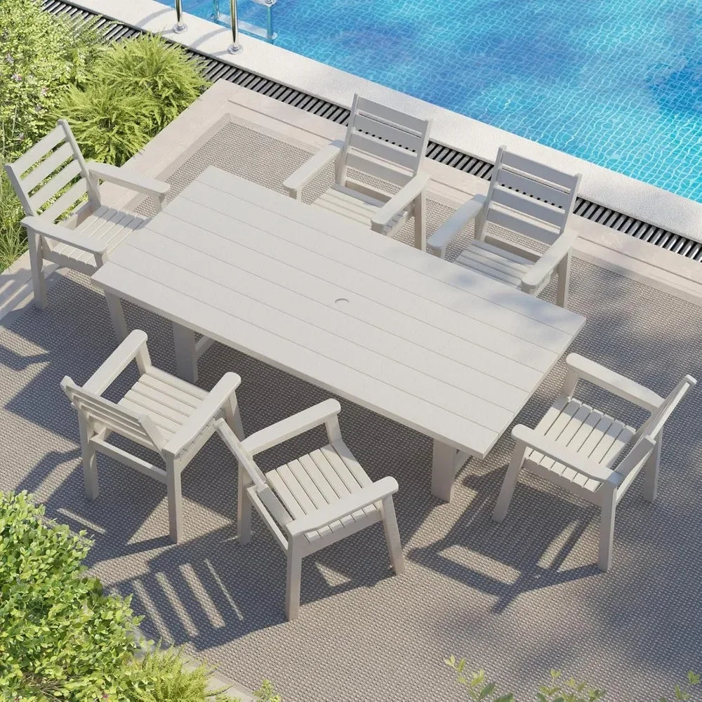 7 Piece HDPE Outdoor Dining Table Set with 6 Chairs 71 Inch Patio Dining Furniture Set with Umbrella Hole