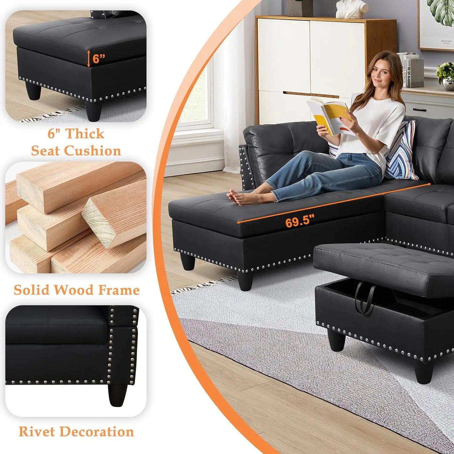 Modern 4-Seater Sectional Sofa Couch with Chaise Lounge Ottoman and 2 Pillows L Shape Living Room Furniture Set