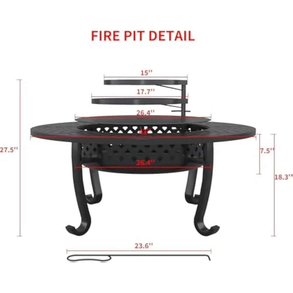 43 Inch Outdoor Wood Burning Fire Pit with 2 Grills Round Metal Table for Backyard Patio Garden