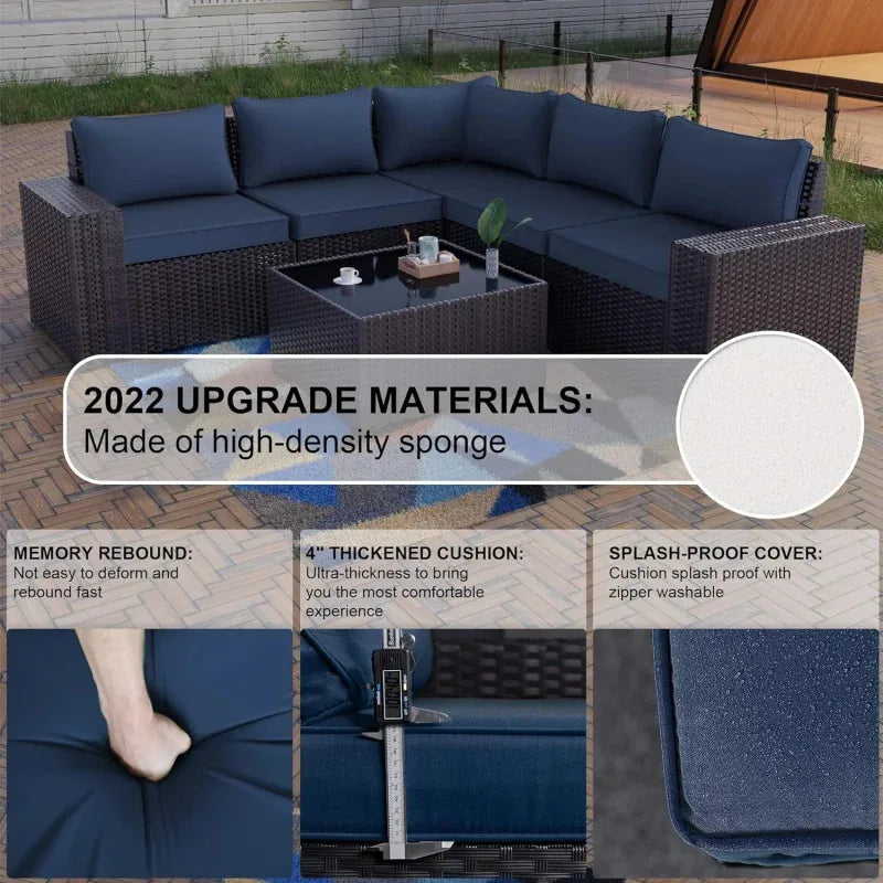 QWQkulavik 6 Piece Outdoor Furniture Set PE Wicker Rattan Sectional Sofa Patio Conversation Sets Navy Blue