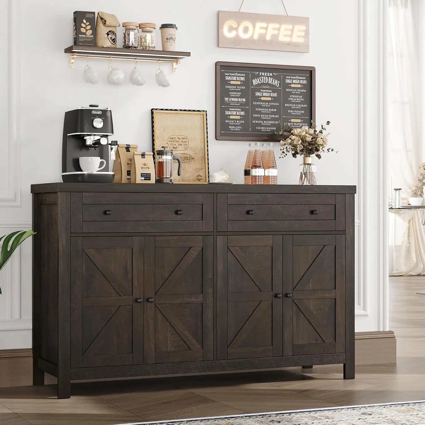 55" Buffet Sideboard Cabinet with Storage, Modern Farmhouse Coffee Bar Cabinet with Drawers and Shelves, Barn Doors Storage
