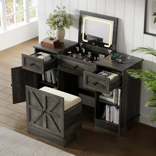 Farmhouse Vanity Desk with Flip Top Mirror and Lights Makeup Vanity Table with Adjustable Cabinets and Hidden Storage