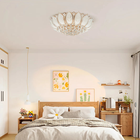 Modern Crystal Chandelier Dimmable Luxury Flush Mount LED Ceiling Lamp Lotus Flower Shape Pendant Lighting Fixture 110V Gold