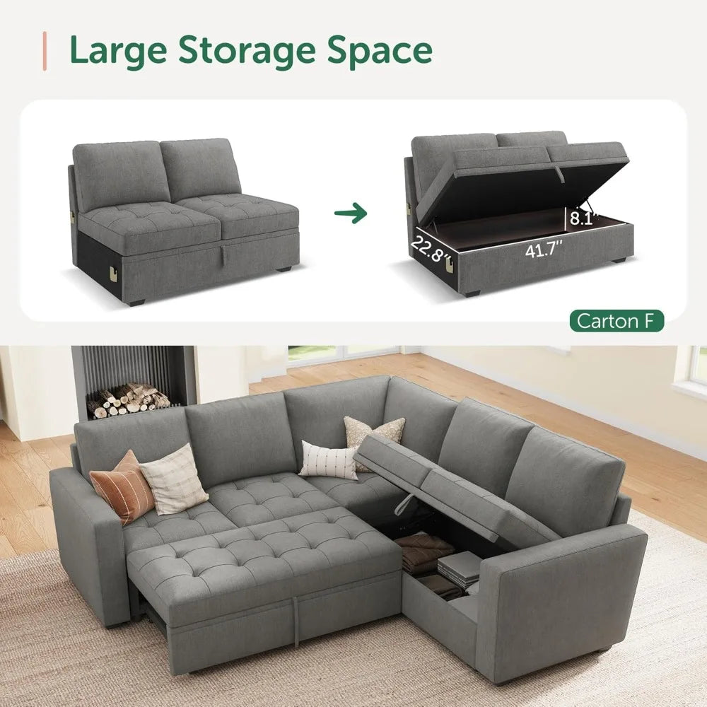 Modular Sectional Sleeper Sofa with Pull Out Couch Bed, L Shaped Couch with Storage Seat, Sectional Couches for Living Room,
