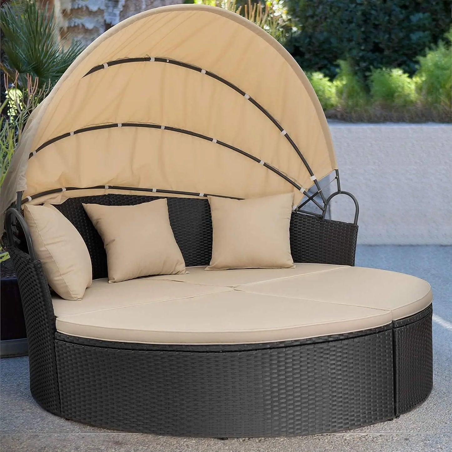 Patio Outdoor Daybed with Retractable Canopy Rattan Wicker Sectional Seating and Washable Cushions for Backyard and Porch