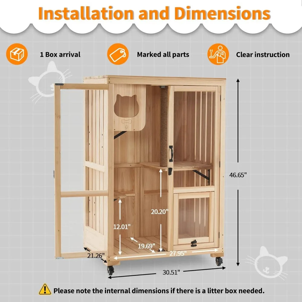 Luxury Cat House with Scratching Post Wooden Multi Feature Large Cat Condo with Escape Door and Wheels Kitten Cages with Shelves